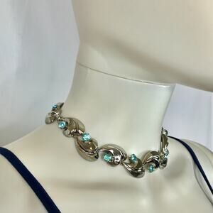 Silver Tone & Blue Rhinestone Necklace Sea Wave Design